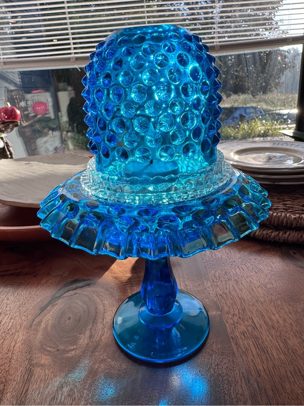 VINTAGE Antique Fenton Colonial Blue Hobnail 3 Piece Pedestal Fairy Lamp - Picture 5 of 12